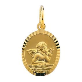 14 Karat Yellow Gold Cherub Medal Necklace, 11x9mm