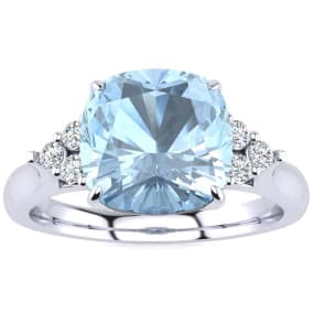 Previously Owned Aquamarine Ring: Aquamarine Jewelry: 2 1/5 Carat Cushion Cut Aquamarine and Diamond Ring In 14K White Gold, Size 7.0