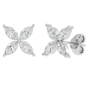Previously Owned 2 Carat Marquise Shape Diamond Cluster Stud Earrings In 14 Karat White Gold
