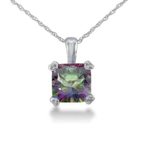 2 Carat Cushion Shape Mystic Topaz Necklace With Diamond Prongs In 10 Karat White Gold, 18 Inches