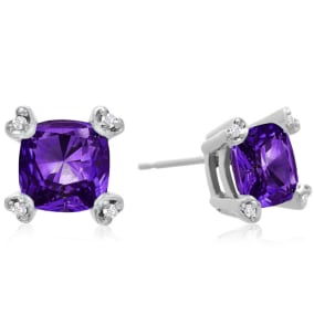2ct Cushion Amethyst and Diamond Earrings in 10k White Gold