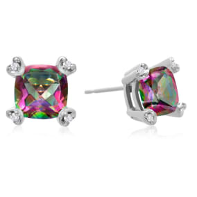 2ct Cushion Mystic Topaz and Diamond Earrings in 10k White Gold