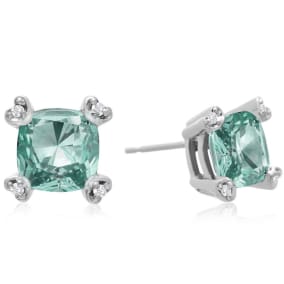 2ct Cushion Green Amethyst and Diamond Earrings in 10k White Gold