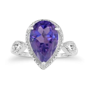 3 1/2ct Pear Shaped Amethyst and Diamond Ring in 10k White Gold