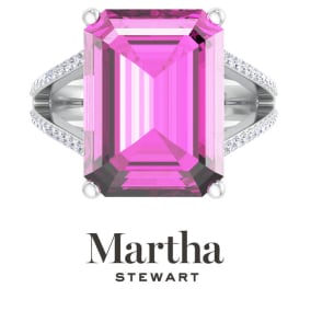 Martha Stewart 10 1/4 Carat Emerald Cut Pink Sapphire and Lab Grown Diamond Ring In Sterling Silver