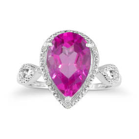 3 1/2 Carat Pear Shaped Pink Topaz and Diamond Ring in 10k White Gold