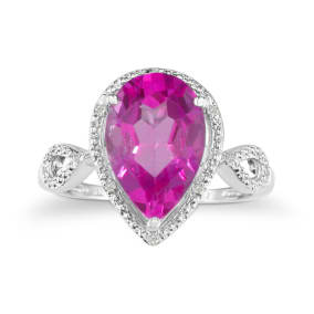 Pink Gemstones 3 1/2ct Pear Shaped Pink Topaz and Diamond Ring in 10k White Gold