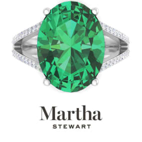 Martha Stewart 10 1/4 Carat Oval Shape Emerald and Lab Grown Diamond Ring In Sterling Silver