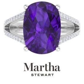 Martha Stewart 10 1/4 Carat Cushion Cut Amethyst and Lab Grown Diamond Ring In Sterling Silver