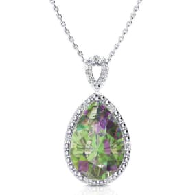 3-1/2 Carat Pear Shape Mystic Topaz Necklace With Diamonds In 10 Karat White Gold, 18 Inches