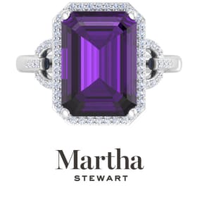 Martha Stewart 7 1/3 Carat Emerald Cut Amethyst and Lab Grown Diamond Halo Ring In Sterling Silver