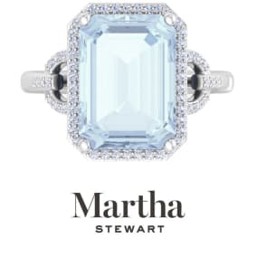 Martha Stewart 7 1/3 Carat Emerald Cut Aquamarine and Lab Grown Diamond Halo Ring In Sterling Silver