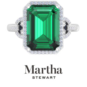 Martha Stewart 7 1/3 Carat Emerald Cut Emerald and Lab Grown Diamond Halo Ring In Sterling Silver