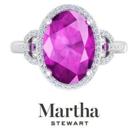 Martha Stewart 6 3/4 Carat Oval Shape Pink Sapphire and Lab Grown Diamond Halo Ring In Sterling Silver