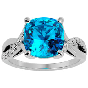 4 Carat Cushion Cut Blue Topaz and Diamond Ring in 10k White Gold