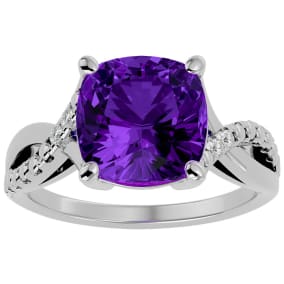 4 Carat Cushion Cut Amethyst and Diamond Ring in 10k White Gold