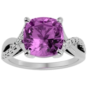 4 Carat Cushion Cut Pink Topaz and Diamond Ring in 10k White Gold