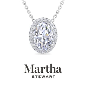 Martha Stewart 2 1/4 Carat Oval Shape Lab Grown Diamond Halo Necklace In 14K White and Yellow Gold