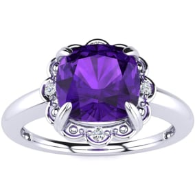 2ct Cushion Cut Amethyst and Diamond Ring in 10k White Gold