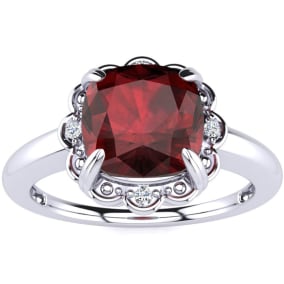 Garnet Ring: Garnet Jewelry: 2ct Cushion Cut Garnet and Diamond Ring in 10k White Gold