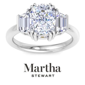Martha Stewart 5 Carat Cushion Cut and Trapezoid Lab Grown Diamond Three Stone Engagement Ring In 14K White Gold