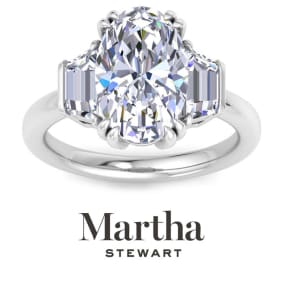 Martha Stewart 5 Carat Oval Shape and Trapezoid Lab Grown Diamond Three Stone Engagement Ring In 14K White Gold