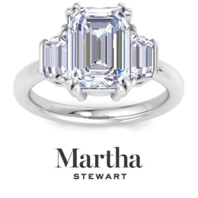 Martha Stewart 5 Carat Emerald Cut and Trapezoid Lab Grown Diamond Three Stone Engagement Ring In 14K White Gold