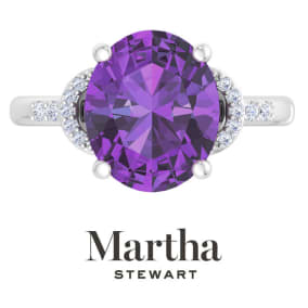 Martha Stewart 4 1/2 Carat Oval Shape Amethyst and Lab Grown Diamond Ring In Sterling Silver