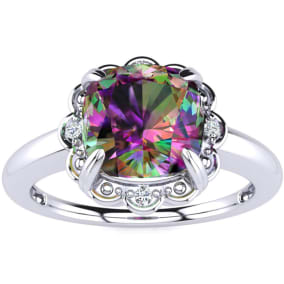 2 Carat Cushion Shape Mystic Topaz Ring With Diamonds in 10 Karat White Gold