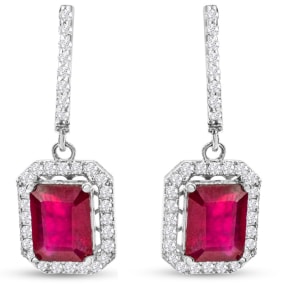 4 1/2 Carat Ruby and Diamond Drop Earrings In 14 Karat White Gold, 1 1/4 Inch