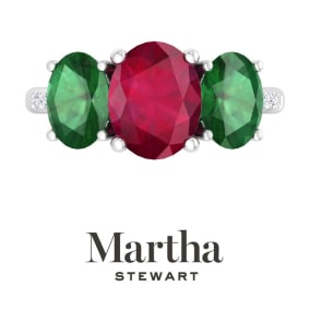 Martha Stewart 5 Carat Oval Shape Ruby, Emerald and Lab Grown Diamond Three Stone Plus Ring In Sterling Silver