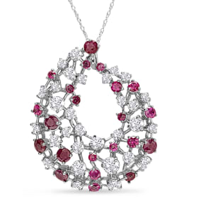 3 Carat Ruby and Diamond Fancy Necklace In 14 Karat White Gold, 18 Inches