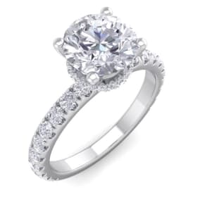 Moissanite Engagement Ring; 2 Carat Round Shape Hidden Halo Moissanite Engagement Ring In 14 Karat White Gold