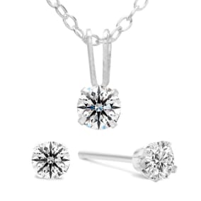 Estate Jewelry 1/2 Carat Natural Diamond Stud Earrings and Necklace. Fiery Diamonds Mounted In 14K White Gold