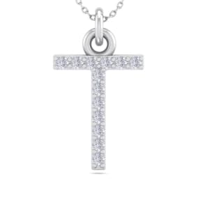 Letter T Diamond Initial Necklace In 14 Karat White Gold With 13 Diamonds