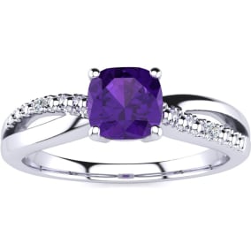 3/4ct Cushion Cut Amethyst and Diamond Ring In 10K White Gold