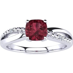 Garnet Ring: Garnet Jewelry: 3/4ct Cushion Cut Garnet and Diamond Ring In 10K White Gold