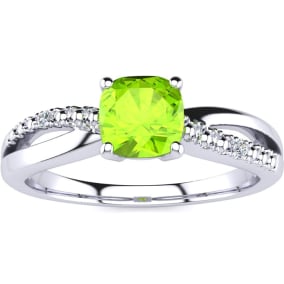 3/4ct Cushion Cut Peridot and Diamond Ring In 10K White Gold