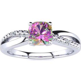 3/4 Carat Cushion Shape Mystic Topaz Ring With Diamonds In 10 Karat White Gold