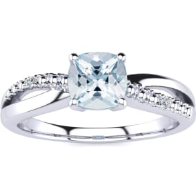 3/4ct Cushion Cut Aquamarine and Diamond Ring in 10k White Gold