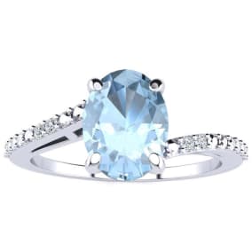 1 1/5ct Oval Shape Aquamarine and Diamond Ring in 10k White Gold