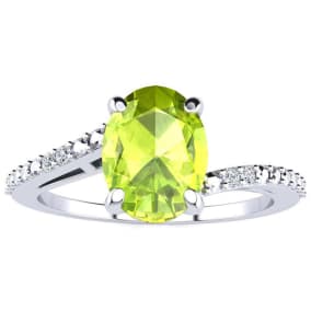 1 1/3ct Oval Shape Peridot and Diamond Ring in 10k White Gold