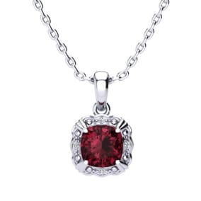 2 1/2ct Cushion Cut Garnet and Diamond Necklace In 10K White Gold