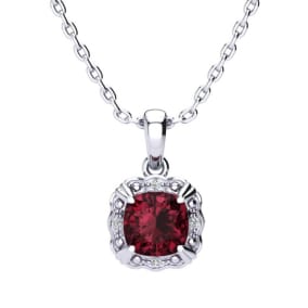 Garnet Necklace: Garnet Jewelry: 2 1/2ct Cushion Cut Garnet and Diamond Necklace In 10K White Gold