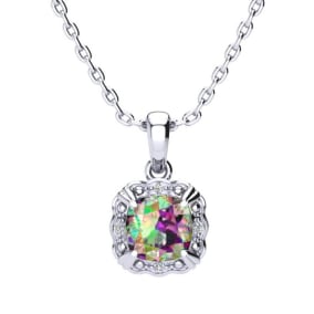 2-1/2 Carat Cushion Shape Mystic Topaz Necklace With Diamonds In 10 Karat White Gold, 18 Inches