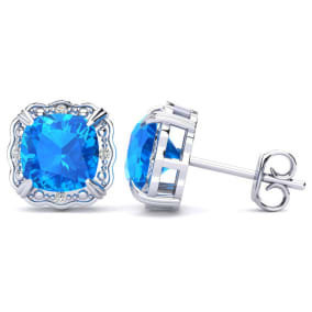 2ct Cushion Cut Blue Topaz and Diamond Earrings in 10k White Gold