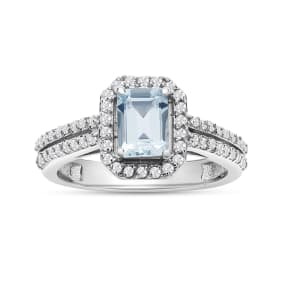 Estate Jewelry 1-1/3 Carat Aquamarine and Halo Diamond Ring In 14 Karat White Gold, Size 7.5