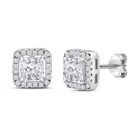 Estate Jewelry Simulated White Sapphire Square Princess Shape Halo Stud Earrings In Sterling Silver