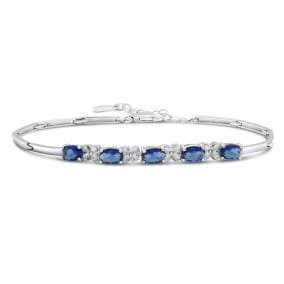 Estate Jewelry Simulated Blue Sapphire Curved Bar Bracelet In Sterling Silver, Adjustable 6.75-7.75 Inches