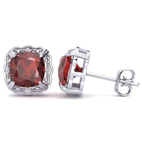 2ct Cushion Cut Garnet and Diamond Earrings in 10k White Gold